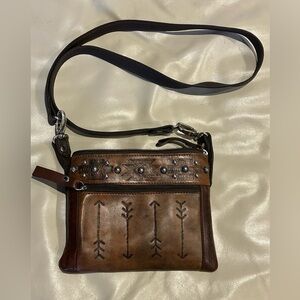 American West Leather Crossbody Bag Western Studded Tooled Brown Purse Small